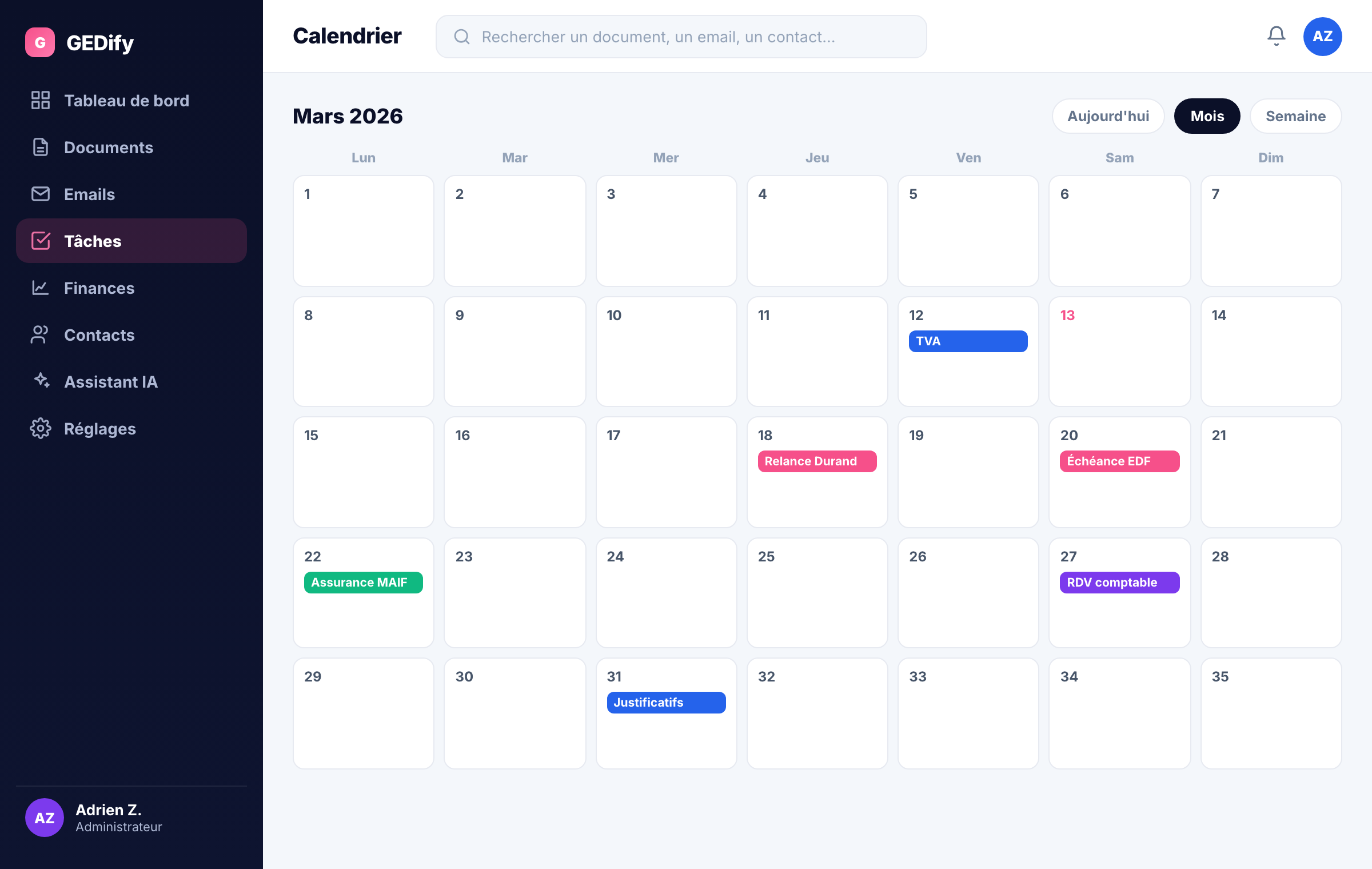 Vue calendrier de GEDify