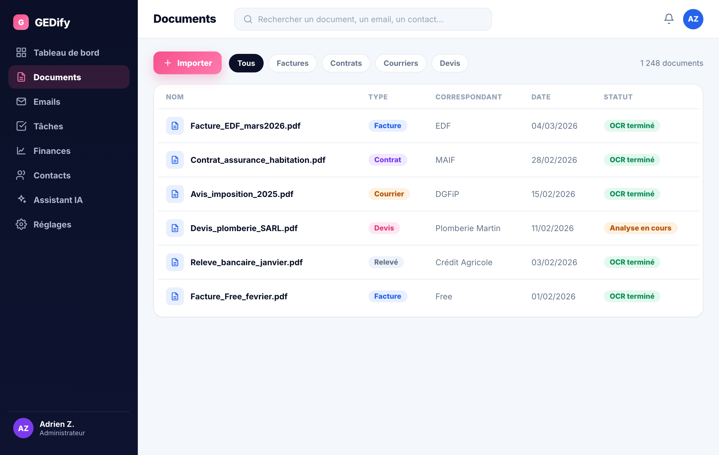 Liste des documents avec filtres et recherche